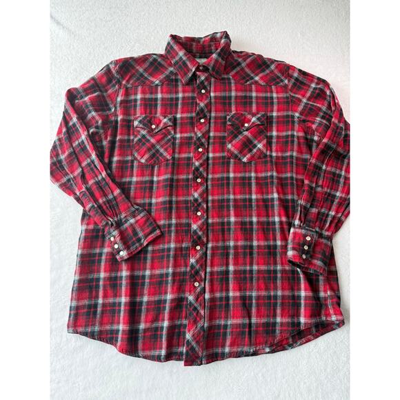 Wrangler Wrancher Red Plaid Mens 2XL TALL Pearl Snap Flannel Western Shirt - Picture 1 of 6